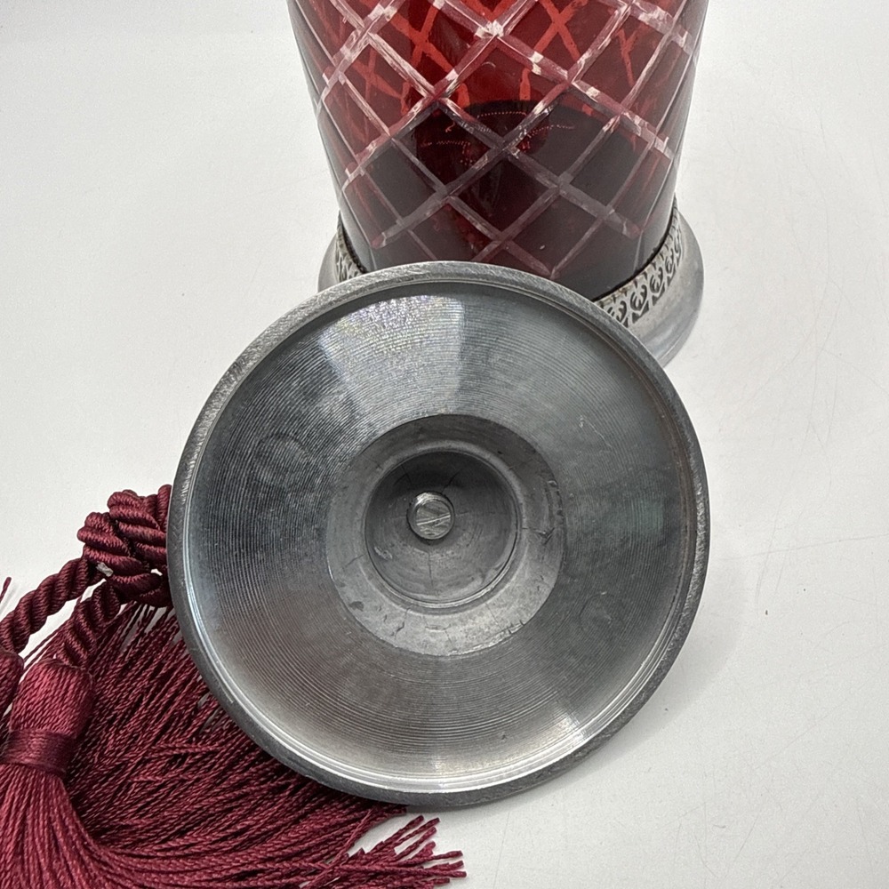 Vintage Hand Cut Crystal Candle Holder with Red Tassel Silver Top And Base - Picture 9 of 12